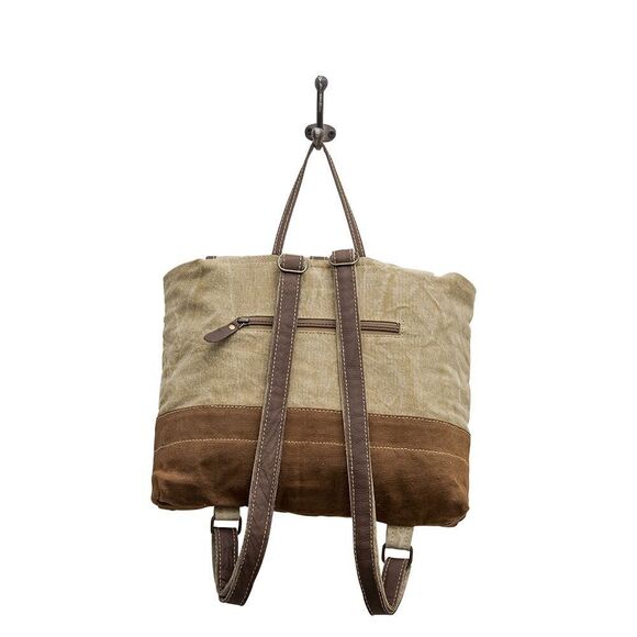 Myra Bag Handmade Tahini Backpack Upcycled Canvas & Cowhide Leather - Picture 7 of 9